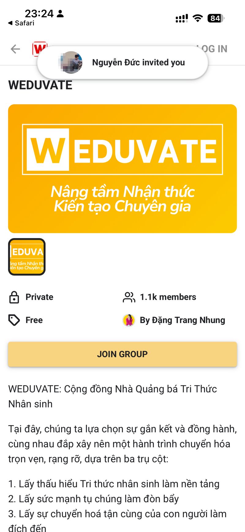 Trang gioi thieu WEDUVATE voi thong bao loi moi va nut Join Group
