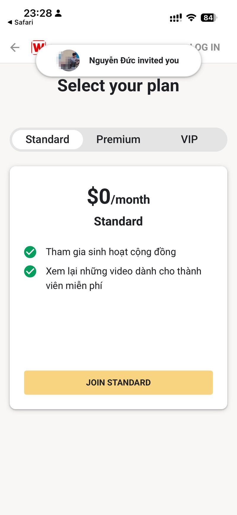 Man hinh chon goi Standard 0 do mot thang
