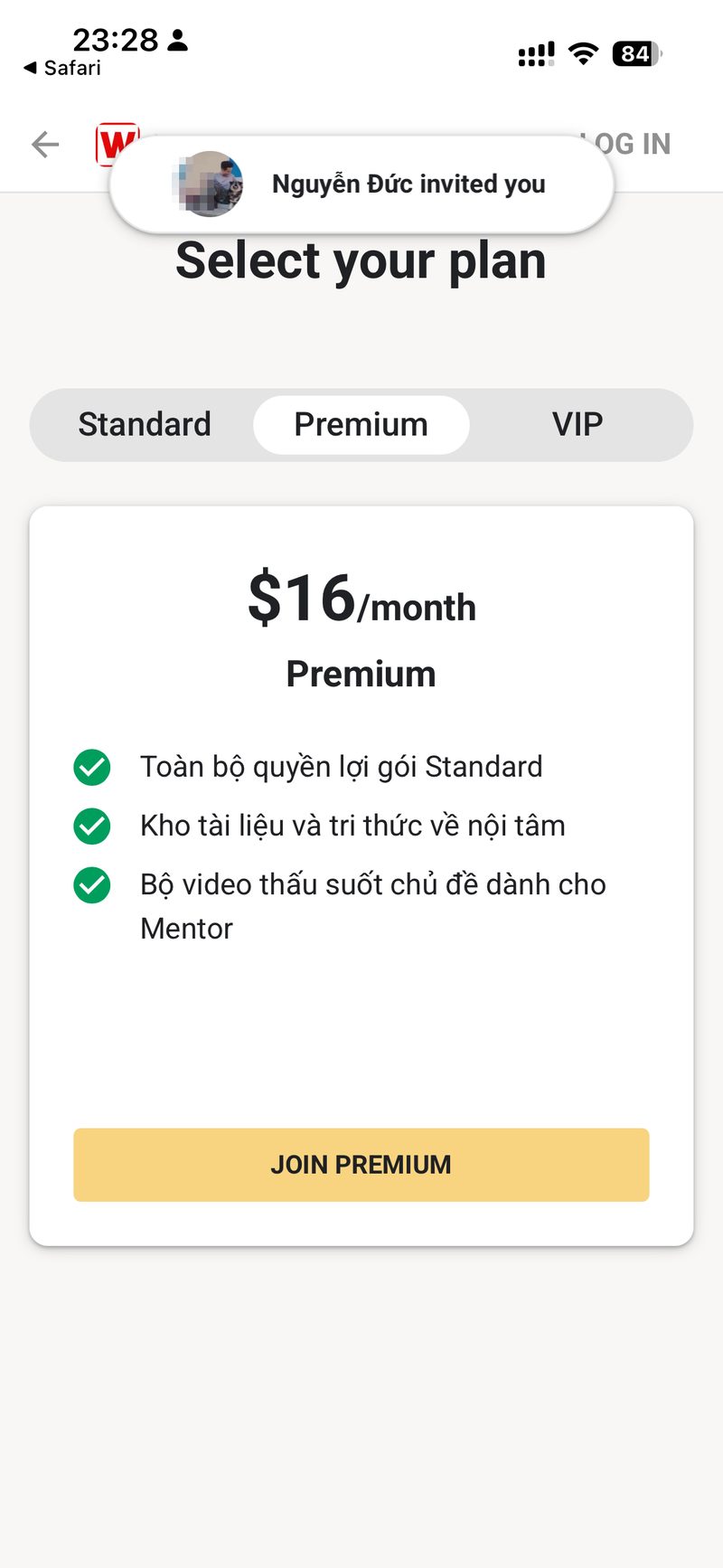 Man hinh chon goi Premium 16 do mot thang