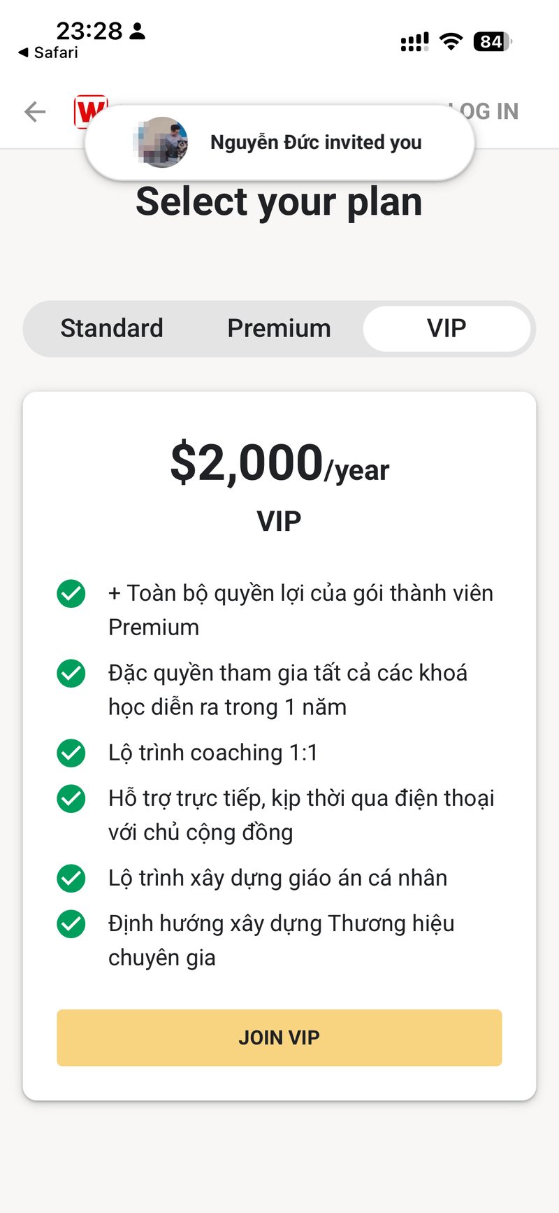 Man hinh chon goi VIP 2000 do mot nam