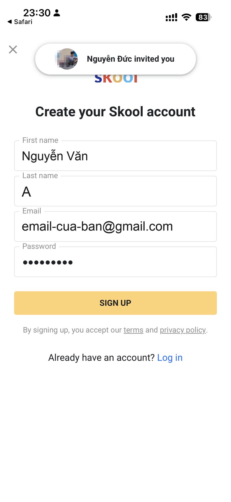 Bieu mau Create your Skool account