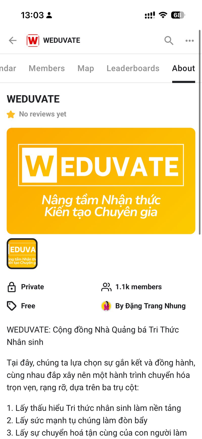 Khu vuc About cua WEDUVATE tren Skool