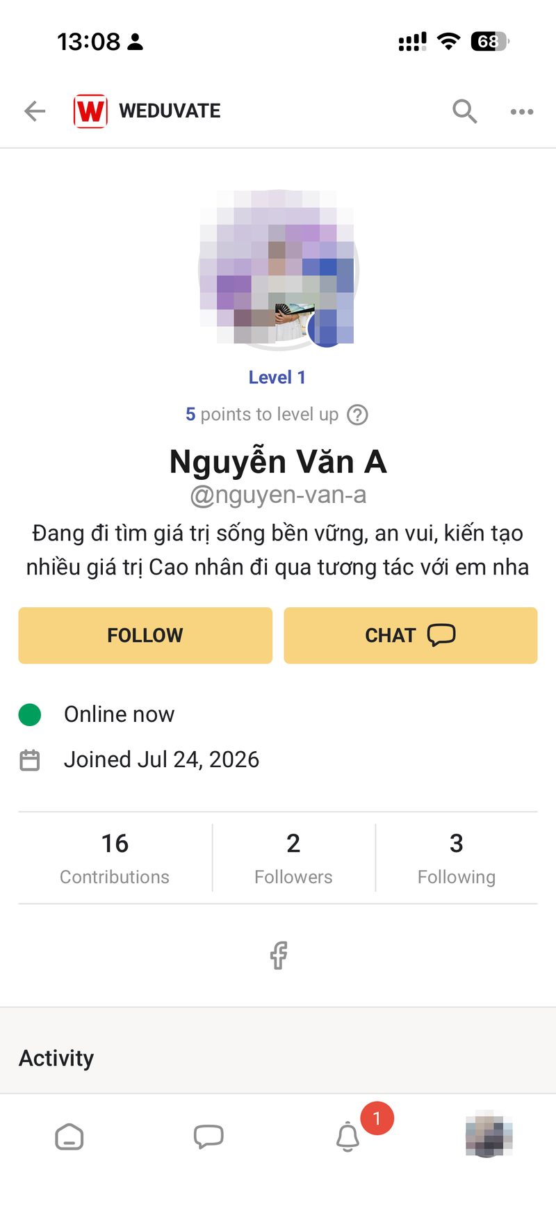 Ho so ca nhan cua mot thanh vien voi nut Follow va Chat
