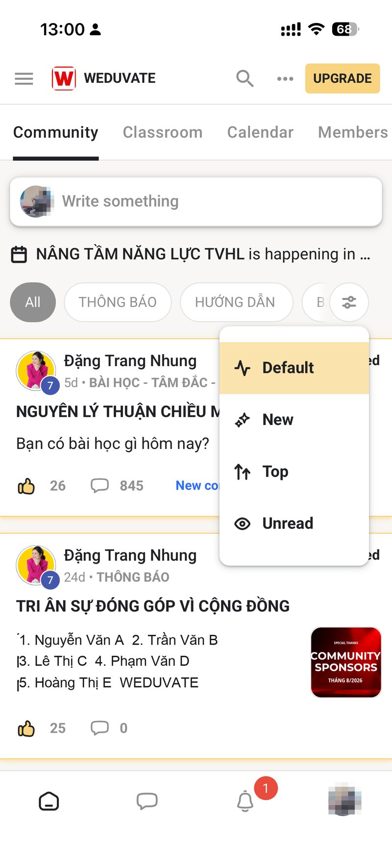 Khu vuc Community voi o viet bai, nhan loc va menu sap xep