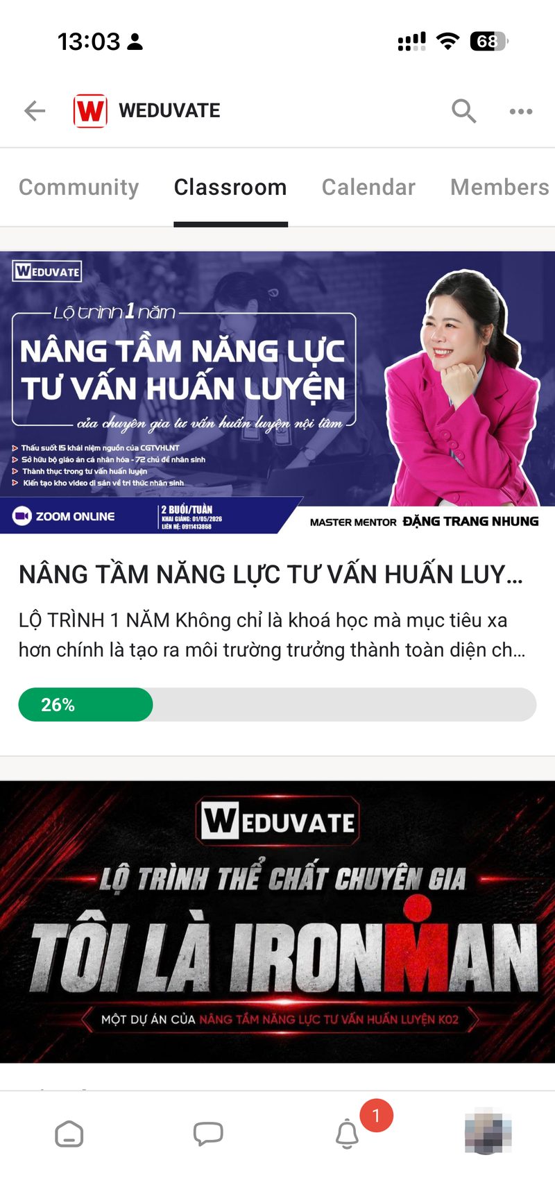 Khu vuc Classroom voi cac the khoa hoc va thanh tien do