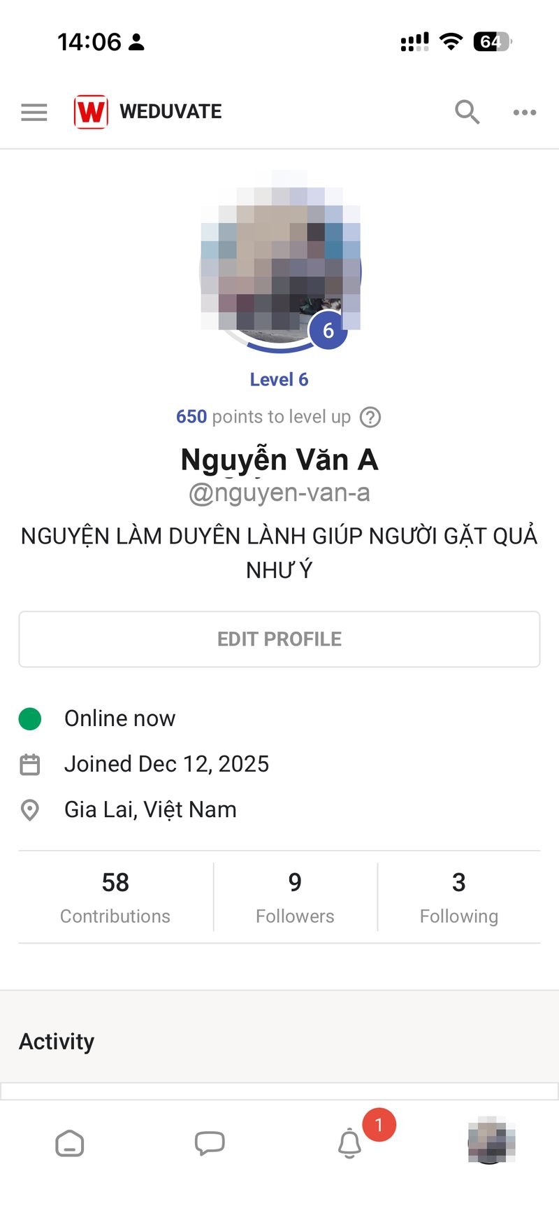 Trang ca nhan voi nut ba cham o goc tren ben phai