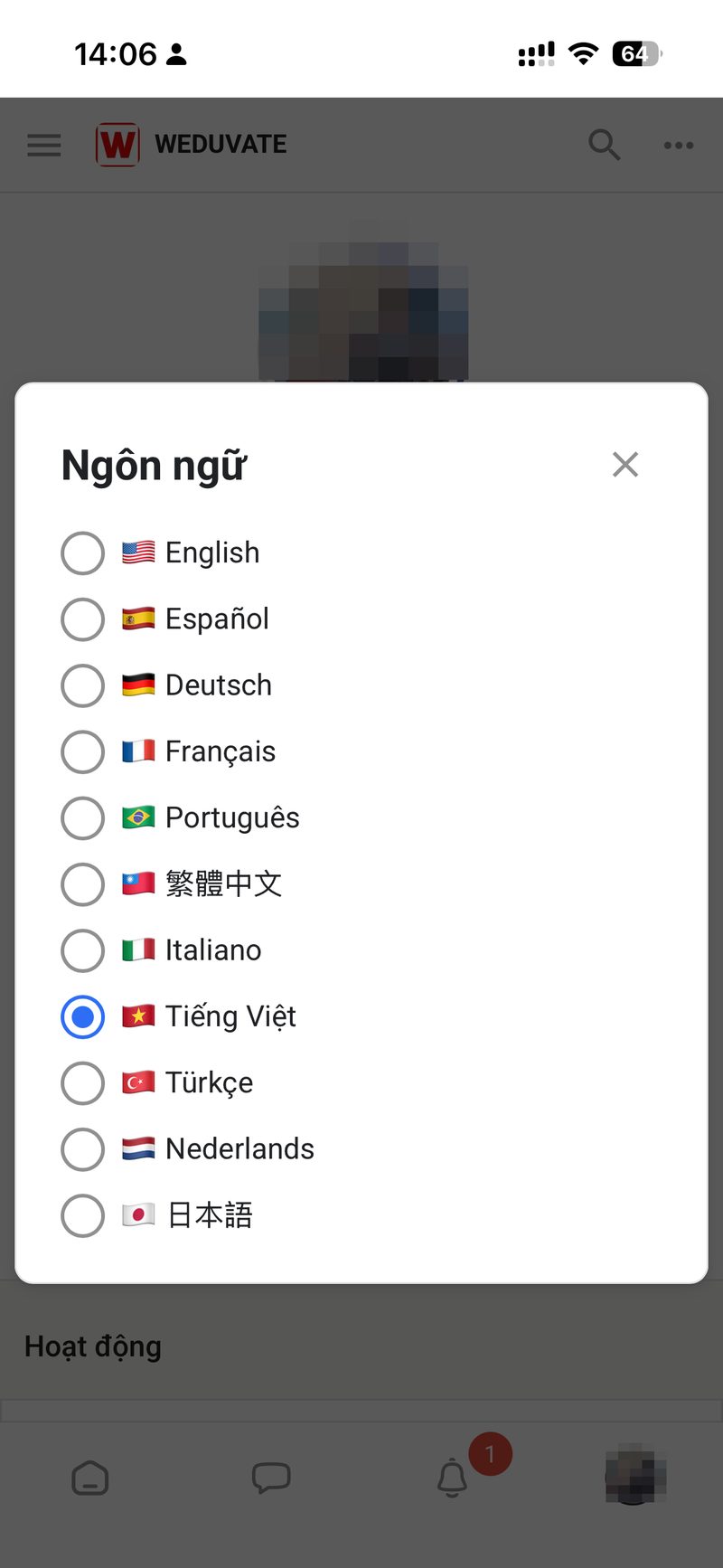 Danh sach ngon ngu voi Tieng Viet dang duoc chon