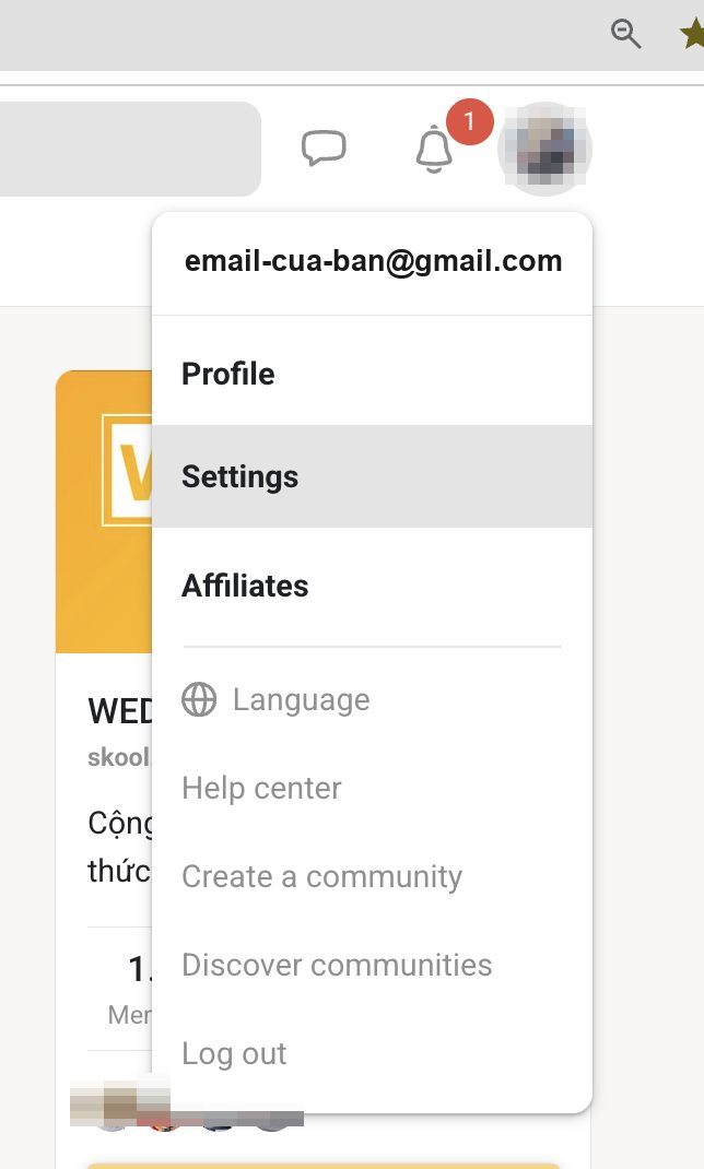 Bang chon tren ban web voi muc Settings