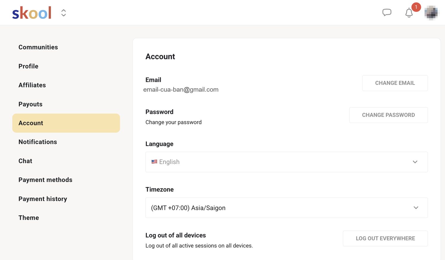 Trang cai dat, muc Account va o Language