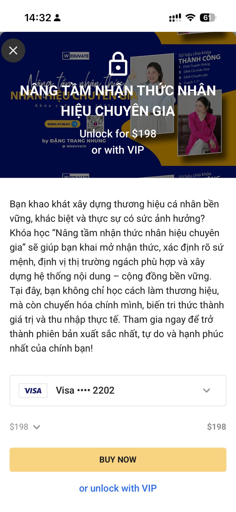 Man hinh mo khoa mot khoa hoc tra phi voi nut Buy Now